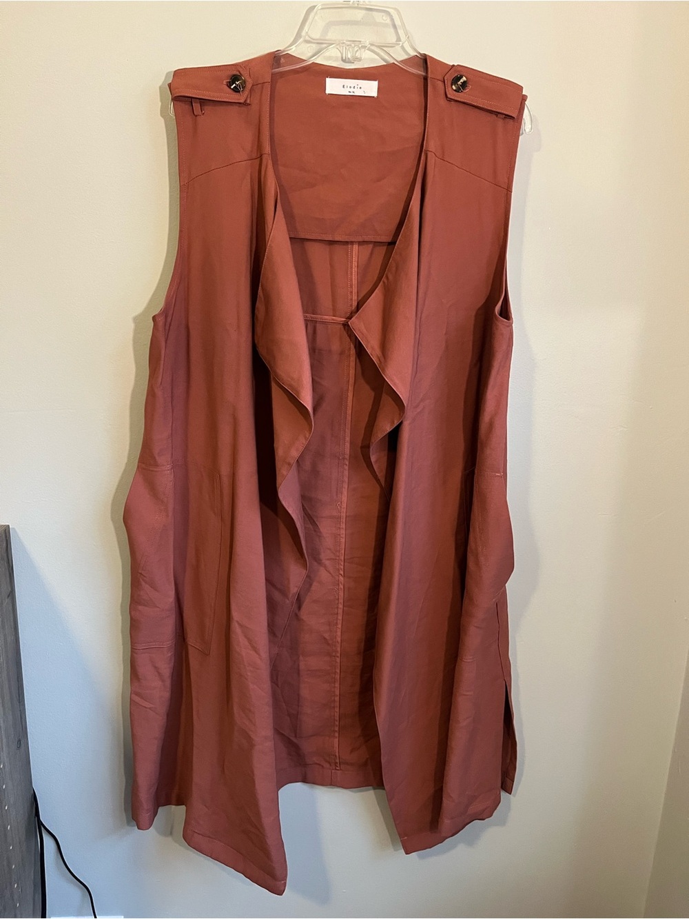 ELODIE Longline Open Waterfall Front Sleeveless Duster Cardigan in color Spice